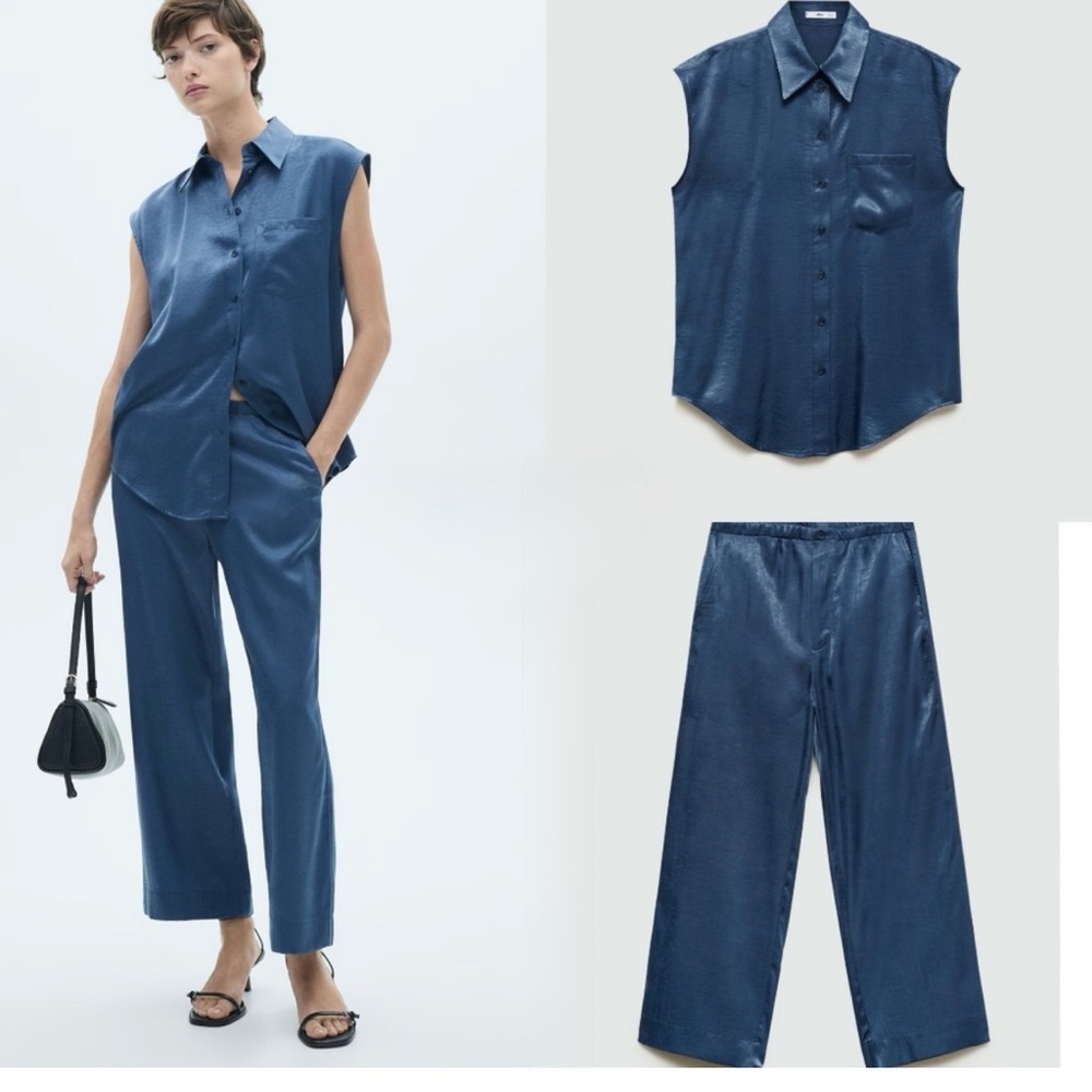 Mango Blue Sleeveless Shirt and Pants Set